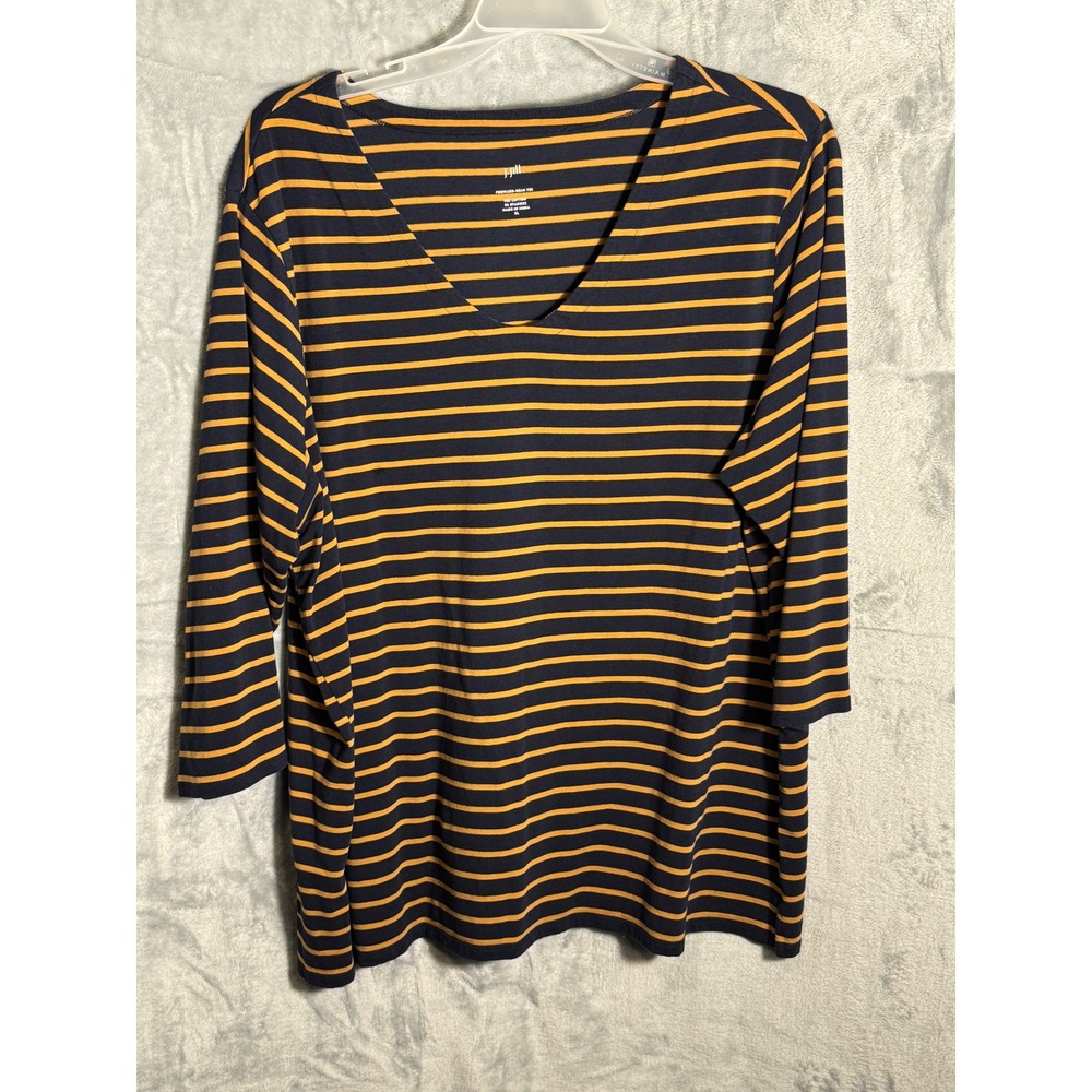 J Jill Forward Seam Tee Navy‎ Gold Stripe 3/4 Sleeve V-Neck Cotton Spandex XL